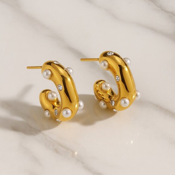 REVOLVE Jewelry - “Bella” {Gold OR Silver} 18K Stainless Steel Pearl Hoops